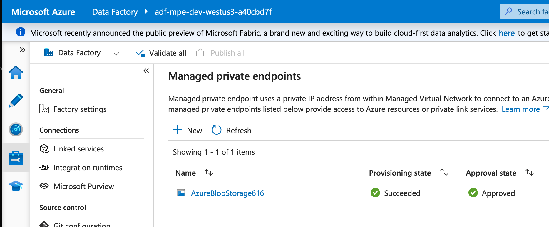 ADF Studio, showing a Managed Private Endpoint